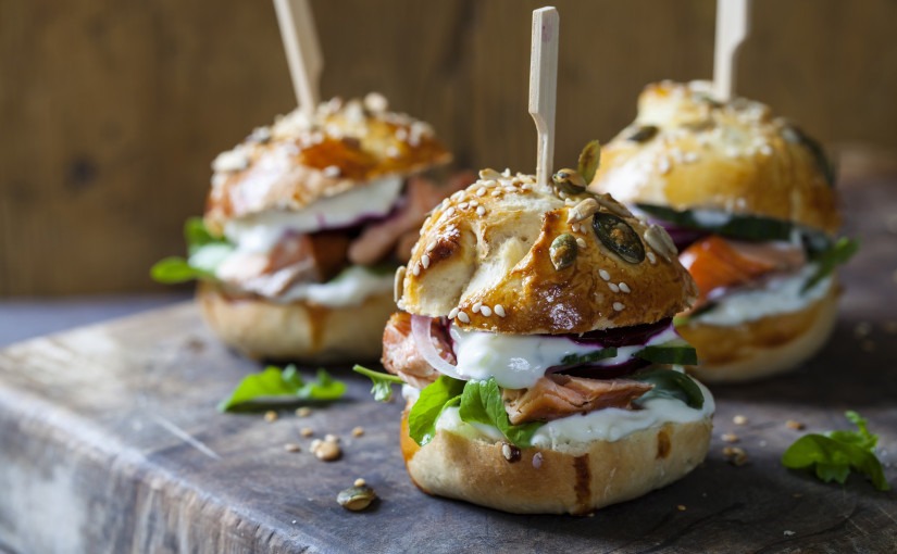 Hot smoked salmon, beetroot, salad and yogurt dressing sliders